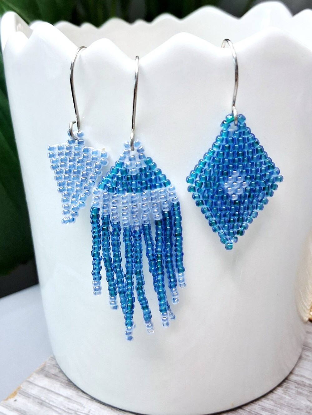 Handmade Beaded Fringe Earrings Set - Blue and Light Blue